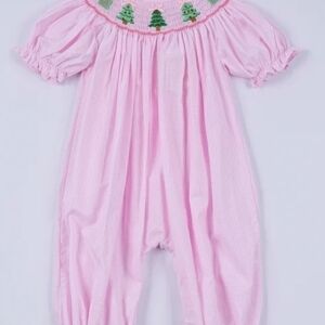 Pink Smocked Baby Romper with Tree Embroidery